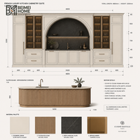 Meubles de cuisine BEIMEI style Arche Romaine Française, îlot incurvé cannelé, vitrine en verre ambré, menuiseries sur mesure pour villa