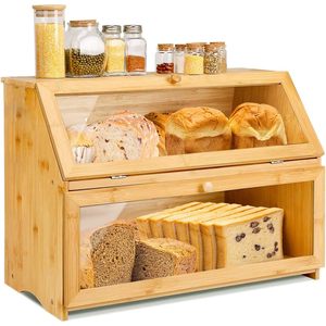 Double Layered Bamboo Bread Box With Transparent Window Large Capacity Wooden Storage For <b>Kitchen</b> Countertop Freshness - Product Image 2