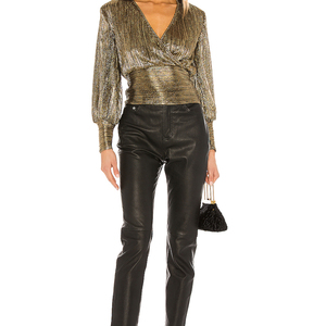 Spring Autumn Tops Casual Long Sleeve Women Chiffon <strong>Blouse</strong> Lady Fashion <strong>Gold</strong> and Sil Ver Thread V-neck Chiffon Shirts - Product Image 4