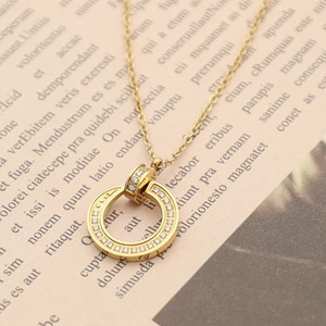C Shaped Diamond Necklace For Women Gold Color Round Brilliant Cut Geometric Design Everyday Wear Titanium Steel Chain - Product Image 1