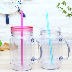 Phong Cách Mới 20Oz Sáng Tạo Chai Nước Bằng Nhựa Đôi Tường Acrylic Long Lanh Rõ Ràng Nhựa <span class=keywords><strong>Mason</strong></span> Lọ Có Nắp Đậy Và Rơm - Product Image 2