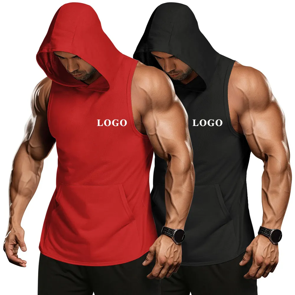 OEM Logo Jogger Workout Hooded Bodybuilding Muscle Men's Sleeveless Gym Hoodie Cut Cotton Tank Top T-shirt Men