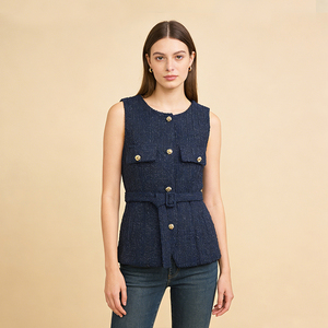 Gilet Senza Maniche in <span class=keywords><strong>Tweed</strong></span> Blu Navy da Donna - Design con Cintura e Bottoni Dorati - Elegante Gilet Strutturato per Ufficio/Casual - Product Image 1