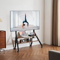 Chariot TV en bois robuste en forme de A avec roulettes pour écran de 55 à 100 pouces, support de sol pour TV de studio réglable en hauteur avec 2 étagères