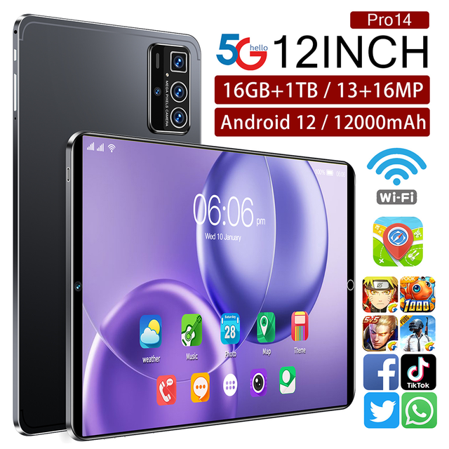 12 Inch Dual SIM Android Tablet  16GB+1TB 14 Pro Pro Branded Educational Phone Call Feature