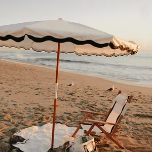 8ft Australia Fiberglass Frame Canvas Material Large Wooden Pole Vintage Scalloped Edge Outdoor Garden Umbrella For Beach Patio