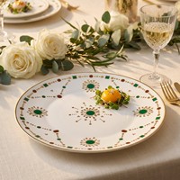 Assiette en Porcelaine Fine Bord Doré Motif Floral Vert Vaisselle Élégante pour Restaurant Hôtel Mariage Traiteur Vente en Gros