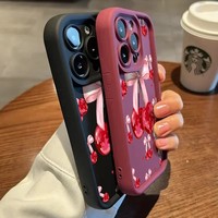 Coque de téléphone portable tendance avec nœud cerise pour iPhone 16 15 17 18 Pro Max 14 13, couleur bonbon, givrée, antichoc, protection arrière