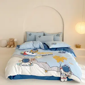 Vendita calda ragazzi blu copripiumino di alta qualità 100% cotone lavato lenzuolo matrimoniale ricamo cartone animato set biancheria da letto per bambini