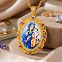 Pendentif Icône Orthodoxe Vierge Marie en Lapis Lazuli, Pierre Précieuse Religieuse, Peinture à la Main Byzantinisme