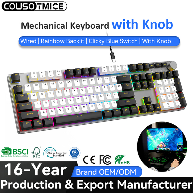 107 Keys Aluminum Mechanical Keyboard with Knob Rainbow Backlit Anti-Ghosting PC Computer Wired Red Switch Gaming Keyboard