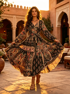 Casual <strong>Boho</strong> Paisley Print Maxi <strong>Dress</strong> V Neck Long Puff Sleeve Tiered Ruffle Long Women <strong>Dress</strong> - Product Image 2