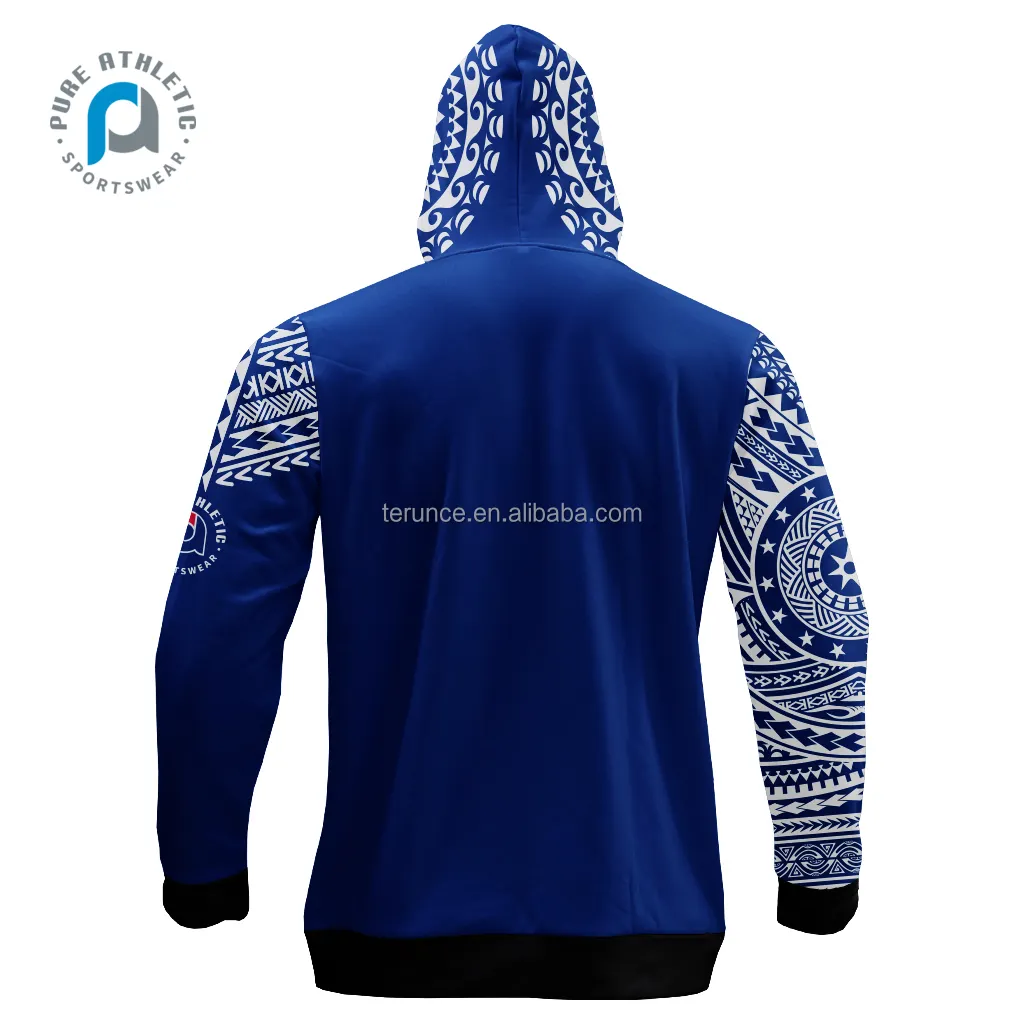 순수 사모아 사용자 정의 로고 인쇄 승화 남자 풀오버 블루 후드 및 운동복 제조