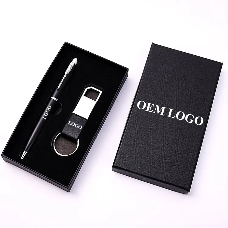 Conjunto de regalo de promoción de logotipo de empresa personalizado, conjunto de llavero de negocios, bolígrafo de punta redonda, conjunto de regalo de reunión anual de empresa 2023