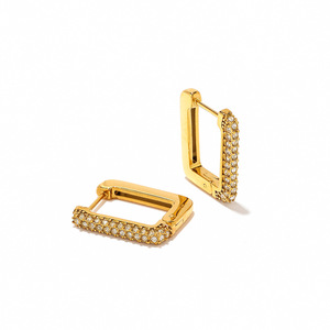 Gold Plated Square Hoop Earrings With Diamonds For Women Everyday Wear Geometric Design 18K Finish Stainless Steel Ear <b>Posts</b> - Product Image 4