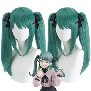 Grosir Wig Cosplay Anime Halloween sintetis Cosplay vampir Miku Vocaloid hijau gelap lurus Medium 45cm dengan dua ekor kuda