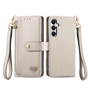 Funda con tapa tipo billetera con diseño de corazón para <span class=keywords><strong>Samsung</strong></span> A35 A55 con cuerda, para iPhone 15 Promax Funda de cuero con cremallera con ranuras para tarjetas - Product Image 2
