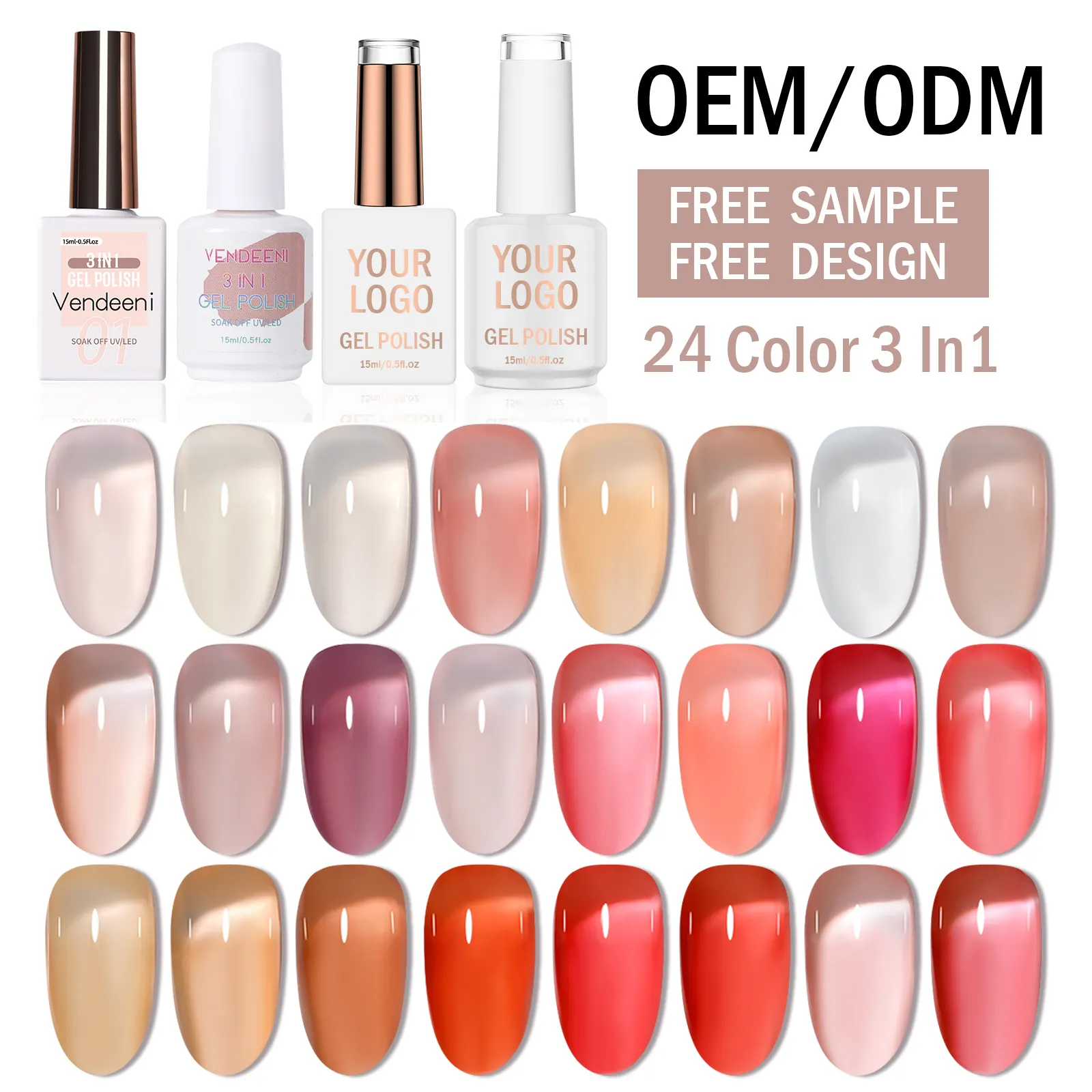 Vendeeni ที่มีคุณภาพสูง Oem/odm มาใหม่3 In 1 24สีเจลโปแลนด์คอลเลกชันโลโก้ของคุณยาทาเล็บติดทนนาน