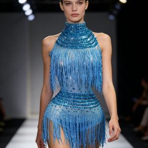 Vestido de Verano de Gasa con Estampado Floral para Baile <span class=keywords><strong>Cha</strong></span> <span class=keywords><strong>Cha</strong></span>, Cuello Alto, Borlas, Elegante, Ajustado, Corte Recto, Bordado, <span class=keywords><strong>Mini</strong></span>, con Diamantes Brillantes - Product Image 6