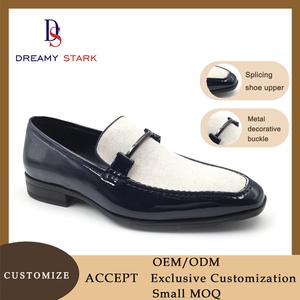 Zapatos Sin Cordones de Diseño con Combinación de Tela Beige Claro y PU Brillante Azul Oscuro, Opción de Logotipo Personalizado, Elegantes y Únicos para Otoño, Oficina y Carrera - Product Image 2