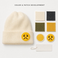 Crying Face Patch Rib-Knit Cuffed Beanie Ivory White Casual Street Hat