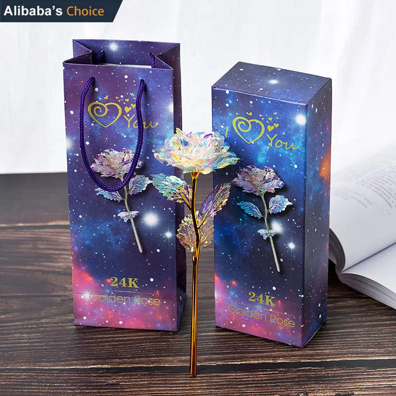 زهور من الذهب الاصطناعي عيار 24 مع علبة هدايا هدايا عيد الحب وردة المجرة مع صناديق وردية مصنوعة في الصين