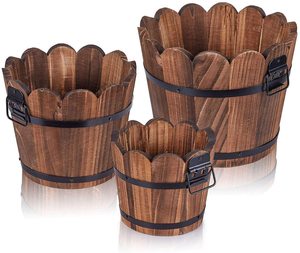 Wooden Bucket Barrel Planters Rustic Patio Planters Flower Pots Garden Outdoor Indoor Decor