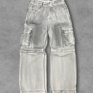 100% Cotton Men's Gray Detachable Cargo Jeans-<b>Stretch</b> <b>Denim</b> Stonewashed Hip Hop Skate Pants with Breathable Design - Product Image 4