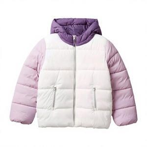 Hooded Puffer <b>Jacket</b> Color Blocking White Pink Purple Zipper Closure Windproof Winter Coat Unisex Casual Regular Fit - Product Image 1
