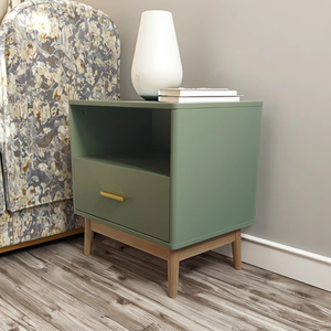 Table d'appoint design moderne pour salon, table de chevet en bois avec étagère de rangement ouverte, 1 tiroir, table de chambre à coucher, vert avocat - Product Image 3