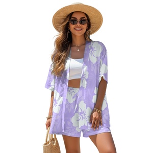 Conjunto de Dos Piezas de Camisa con Estampado de Flores de Playa y Pantalones Cortos con Cordón Ajustable, Personalizado, Transpirable, de Poliéster, para Dropshipping - Product Image 1