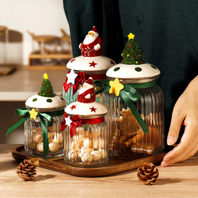 Рождественская Стеклянная банка для хранения конфет, Рождественский дизайн, стеклянный контейнер для хранения пищи, прямая банка для хранения с широким горлом