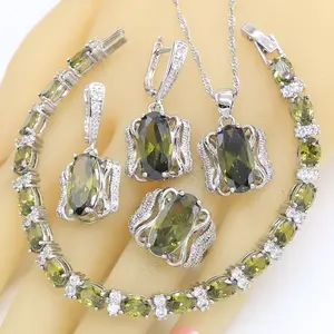 Green Peridot 925 Silver Wedding Jewelry Sets For Women Bracelet Earrings Necklace Pendant Ring Birthday Gift