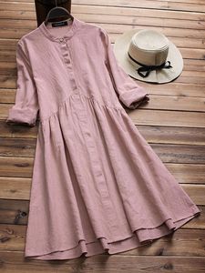 Robe trapèze à volants en mélange de lin rose poudré pour femme, à manches longues, col mandarin, avec boutons sur le devant et coupe décontractée - Product Image 1