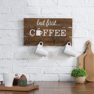 Pemegang Mug kopi kayu pedesaan satu tingkat, terpasang di dinding dapur Bar Organizer rumah pertanian dekorasi dinding kayu desain gantung - Product Image 2