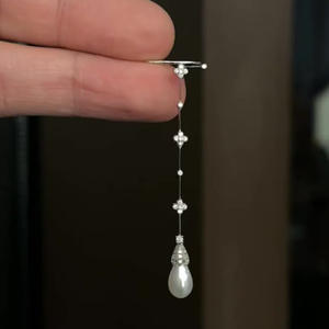 Boucles d'oreilles pendantes en argent pur S925, élégantes, en forme de goutte d'eau, avec pampilles de perles, délicates, exquises, au tempérament raffiné, longues et tendance - Product Image 2