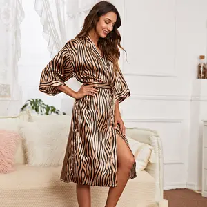 2021 New Products Zebra Print Long Silk Kimono Amazon Hot Animal Printed Sexy Nightwear