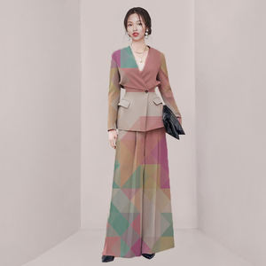 Spring New Solid Color V-Neck Button Waist Tops Draped Large Wide Leg Pants Women's Suit 2 Piece <b>Set</b> Fashion - Product Image 4