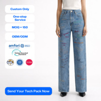 Celana Jeans Wanita High Waist Wide Leg Custom OEM, Celana Denim Motif Grafiti Streetwear Desainer, Celana Panjang Kasual Longgar