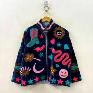 Chaqueta de Terciopelo Azul Marino con Bordado Vibrante de Arte Pop y Tela Clásica a Rayas Verticales Azules y Blancas - Product Image 1
