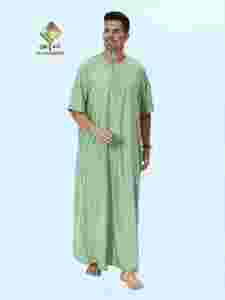Al Haramain <b>Men's</b> Cotton <b>Thobe</b> Solid Green Short Sleeve Floor Length Modest Prayer Wear Round Neck so amazing - Product Image 1