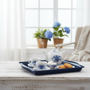 Kontensan 160 X 250 mm Rectangular Wood Serving Tray Azulejo-Inspired Blue <b>White</b> Decorative Pattern Plate Type Platter Handle - Product Image 3