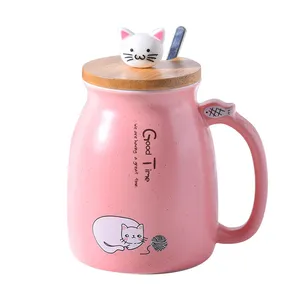 Zogift Cute Cat Style Ceramic Mugs Wooden Lid Spoon Cartoon Creative Morning Mug Milk Coffee Tea Unique Porcelain Coffee Mugs