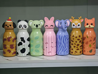 Botol Minum Anak 500ml Berinsulasi dengan Sedotan, Botol Termos Air Stainless Steel dengan Tutup Silikon Motif Hewan yang Menggemaskan