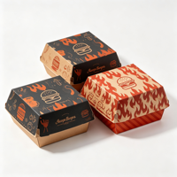 Boîte à hamburger en carton blanc biodégradable robuste, personnalisable avec logo et motif quadricolore, pour restauration rapide, vente en gros