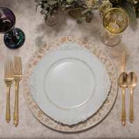 Assiettes jetables dorées en gros d'usine, incassables en plastique PP, style vintage, cadeaux, événements, vaisselle décorative moderne, motif végétal
