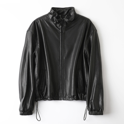 6119 Men's and Women's Matching Couple Outfit Black Stand Collar Casual Sheepskin Outerwear Neutral Style Leather Jacket