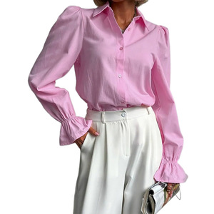 Camicia con bottoni e collo a revers, stile francese, a campana plissettata, per il commuting transfrontaliero, collezione Primavera/Estate 2026, nuovo arrivo, stile europeo-americano - Product Image 5