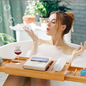 Organizzatore per Accessori da Bagno con Lati Estensibili, Vassoio Regolabile in Bambù per Vasca con Portabicchiere e Portacandele - Product Image 6