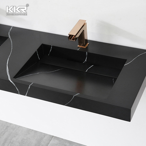 Phòng tắm công cộng chìm tủ đá cẩm thạch màu đen bề mặt rắn rửa lưu vực với Countertop Treo Bồn Rửa đôi - Product Image 3